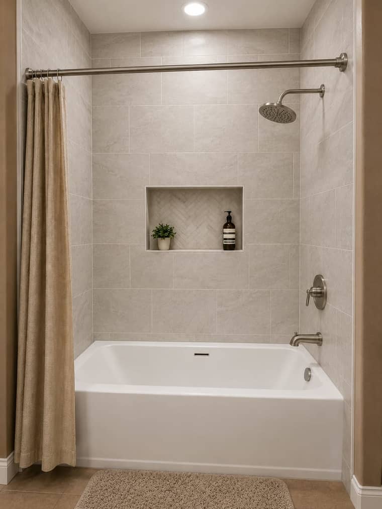 Remodeled tub and shower with modern tile surround and recessed niche