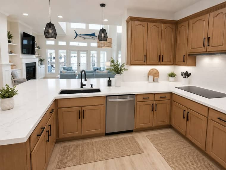 Updated kitchen with white quartz countertops and new pendant lighting