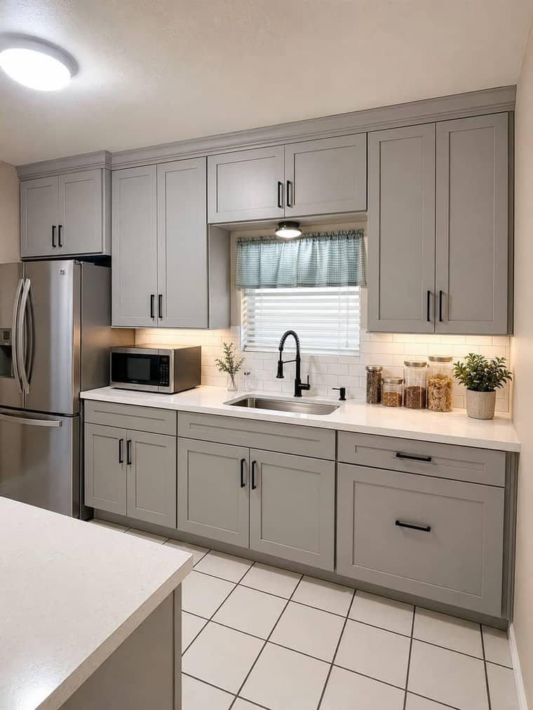 Remodeled kitchen with gray shaker cabinets, quartz countertops, and subway tile backsplash