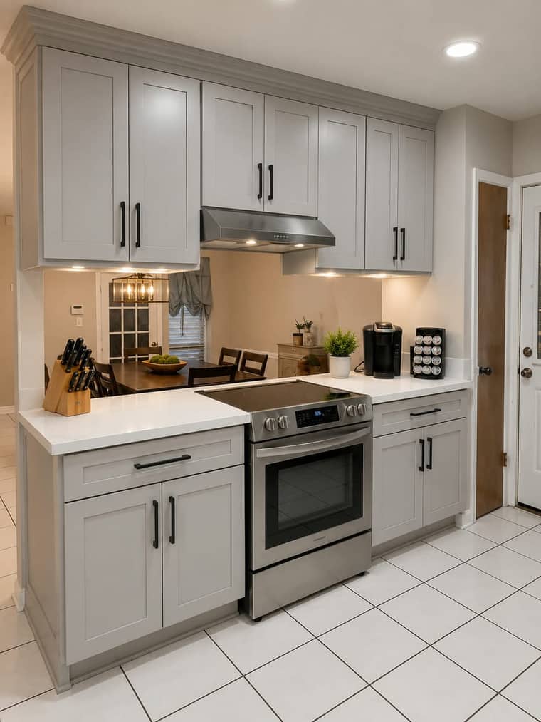 Remodeled kitchen range wall with gray shaker cabinets and stainless vent hood