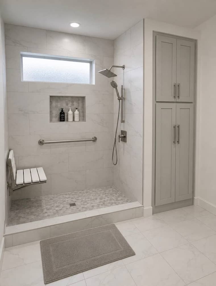 Spacious walk-in shower with bench seat, grab bars, and linen cabinet