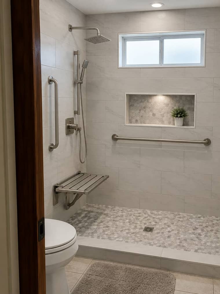 Handicap-accessible walk-in shower with grab bars, fold-down seat, and tiled walls
