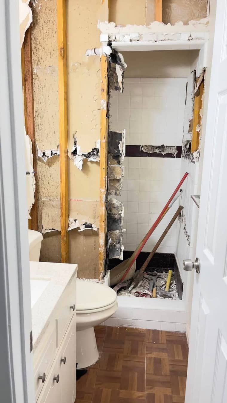 Bathroom demolition in progress — shower and tile removal in Corpus Christi