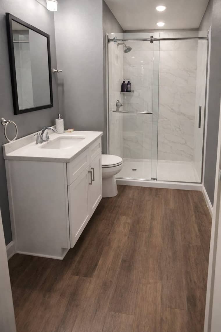 Modern gray bathroom remodel with glass shower and vinyl plank flooring in Corpus Christi