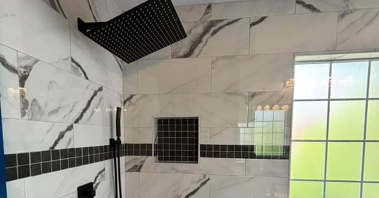 Walk-in shower Corpus Christi — marble rain shower with black accents